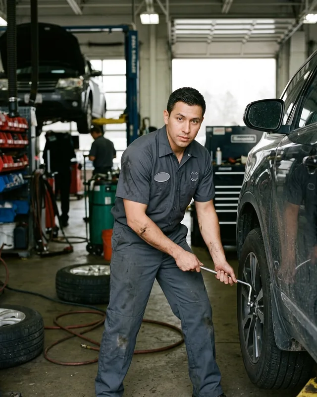 Technician in a short-sleeve snap-front work shirt and flat-front work pants at a service bay