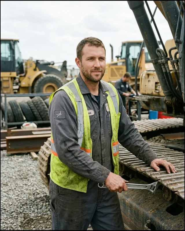 Technician in a yard wearing a hi-vis safety vest over a charcoal coverall