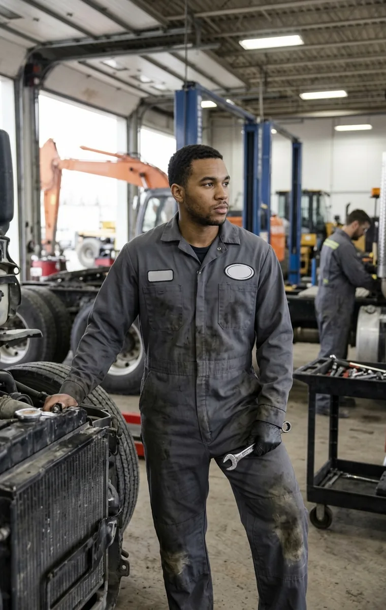 Technician in a charcoal coverall standing at a service bay, with light oil marks on the chest, cuffs and knees