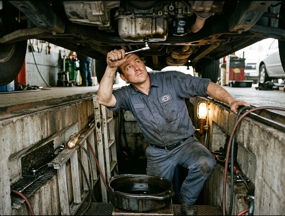Technician leaning over an oil-change pit loosening a drain plug, in a short-sleeve work shirt with an embroidered chest logo