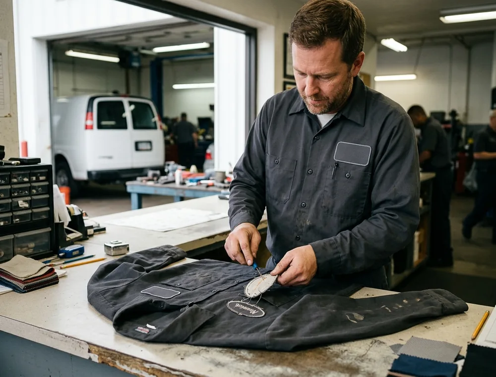 Shop manager at the counter unpicking an old oval name patch from a work shirt laid flat