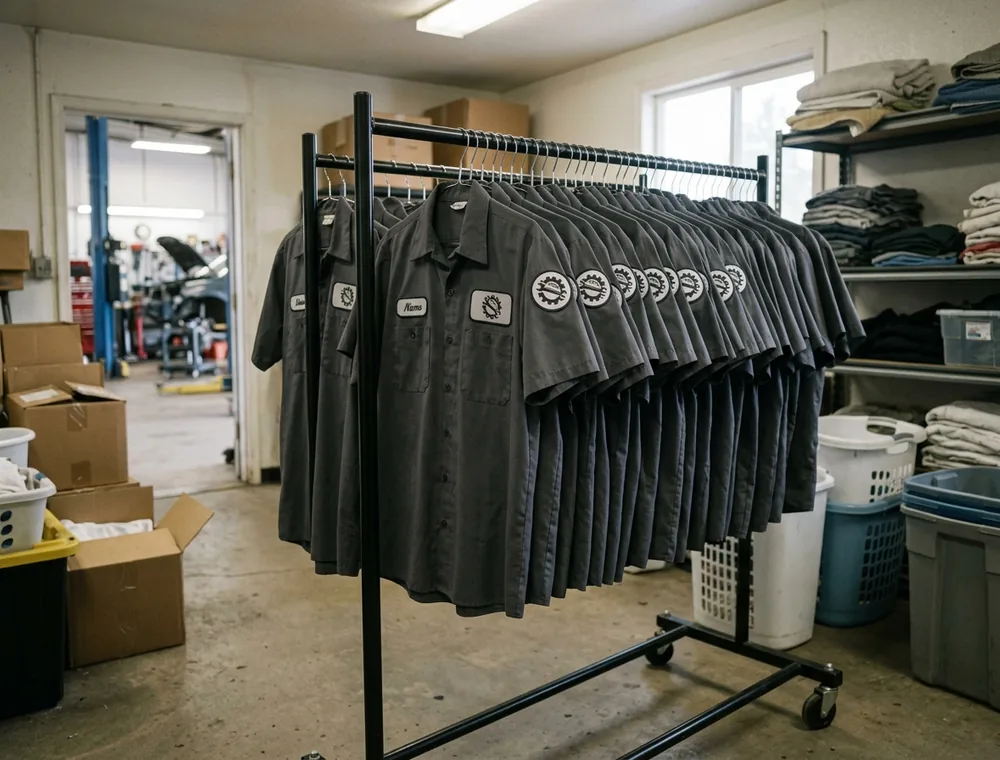 A rack of clean charcoal work shirts with intact chest logos in a shop back room after the laundry delivery
