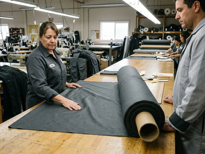 Bolt of charcoal poly-cotton twill on a fabric inspection table