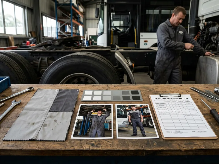 Sample pack laid out on a table: fabric swatch, grey scale card, before and after photos and a test record sheet