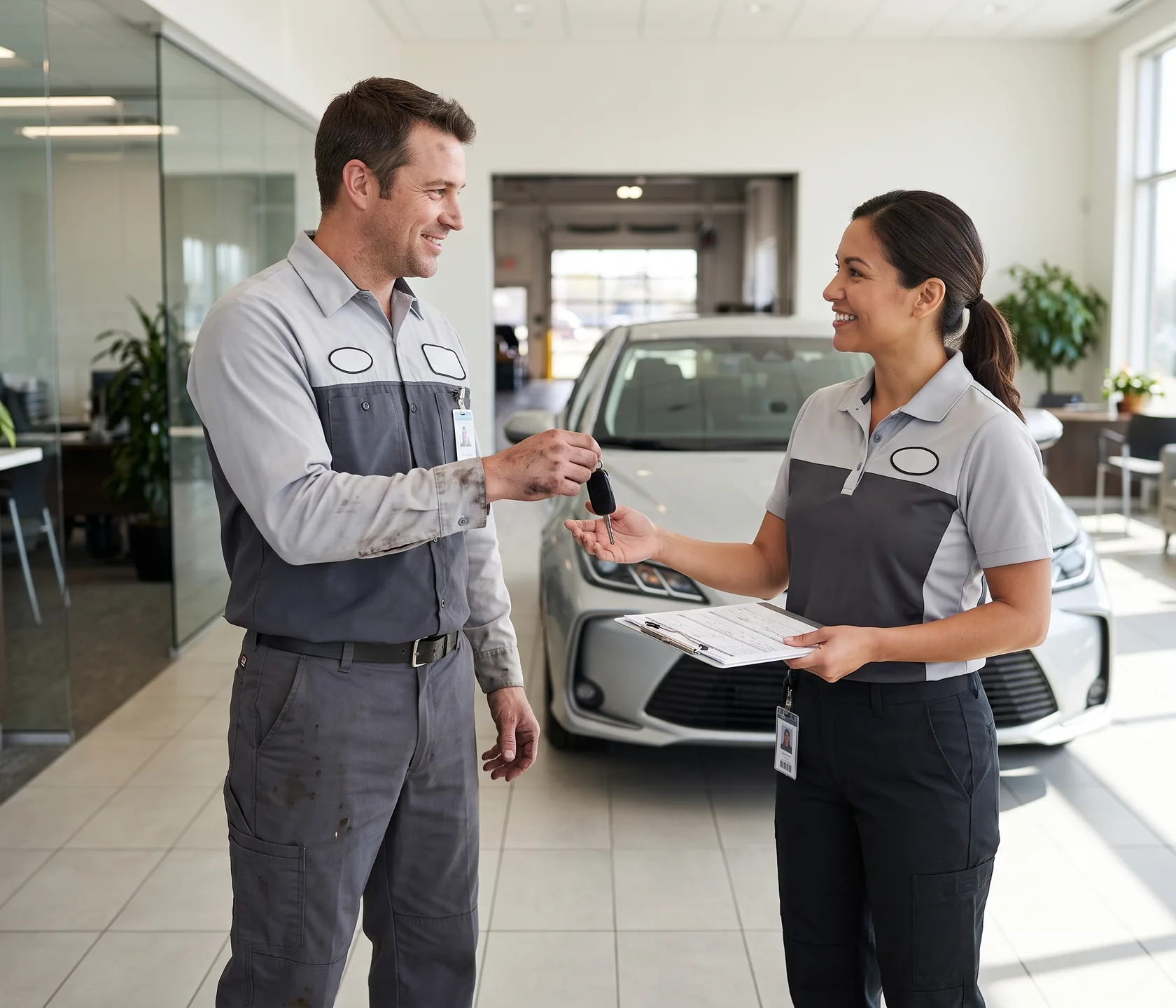 Technician in a two-tone work shirt, light grey above and charcoal below, handing car keys to a service advisor in a matching polo in a bright showroom handover area