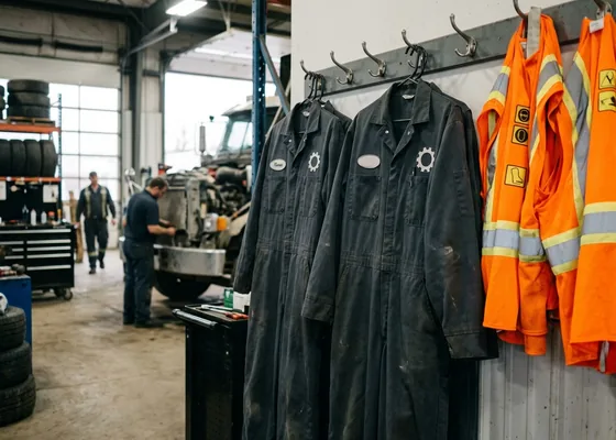 Row of washed charcoal coveralls hanging back on depot hooks next to yard safety vests