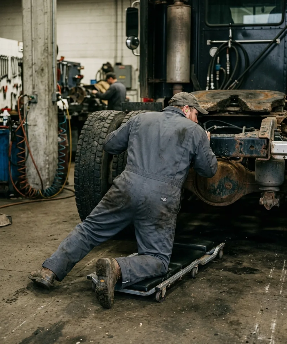 Technician on a creeper sliding out from under a truck, charcoal coverall showing the back, seat and double-layer knees