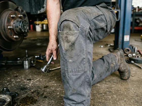 Close-up of a double-layer knee panel on cargo work pants with the knee-pad pocket opening at the top