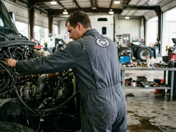 Back view of a technician reaching into an engine bay in a coverall with action-back pleats and an elastic back waist