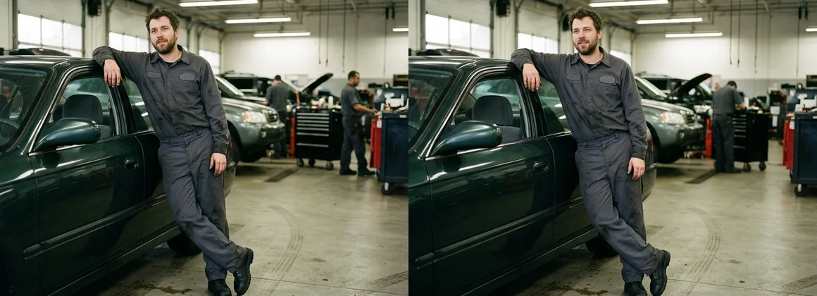 Technician leaning against a customer's car door, concealed snap placket and metal-free belt area against the paint