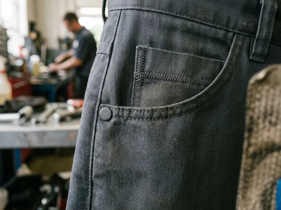 Close-up of a bartacked pocket mouth and a covered rivet on work pants