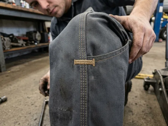 Close-up of a triple-needle outseam and a bartack on charcoal work pants