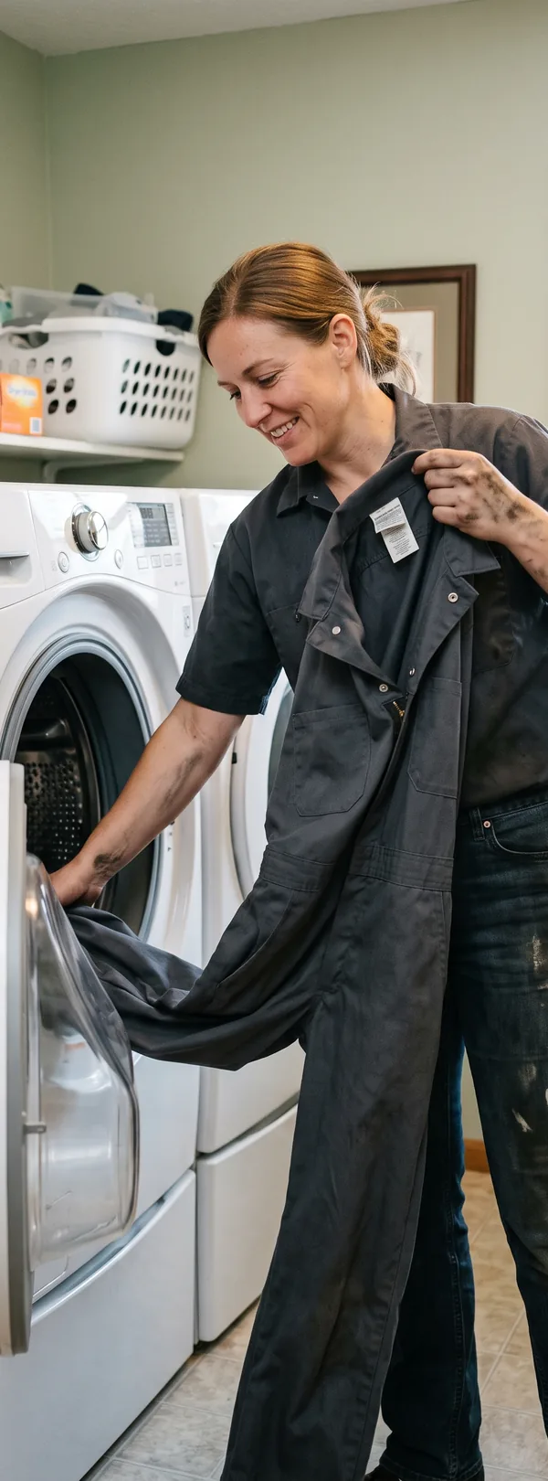 Person taking a clean coverall out of a domestic washing machine in a home laundry room