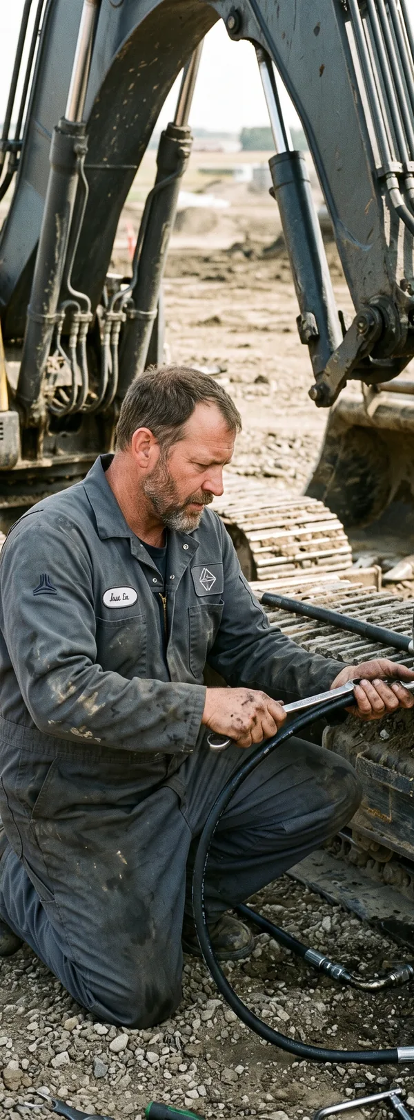 Field mechanic in a coverall with chest and sleeve embroidery replacing a hydraulic hose beside an excavator on site