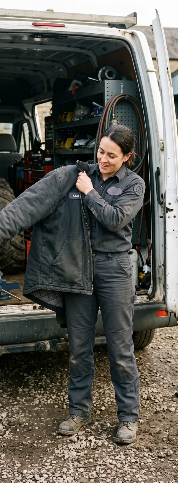 Technician at the open rear door of a service van at a farm, pulling on an insulated jacket