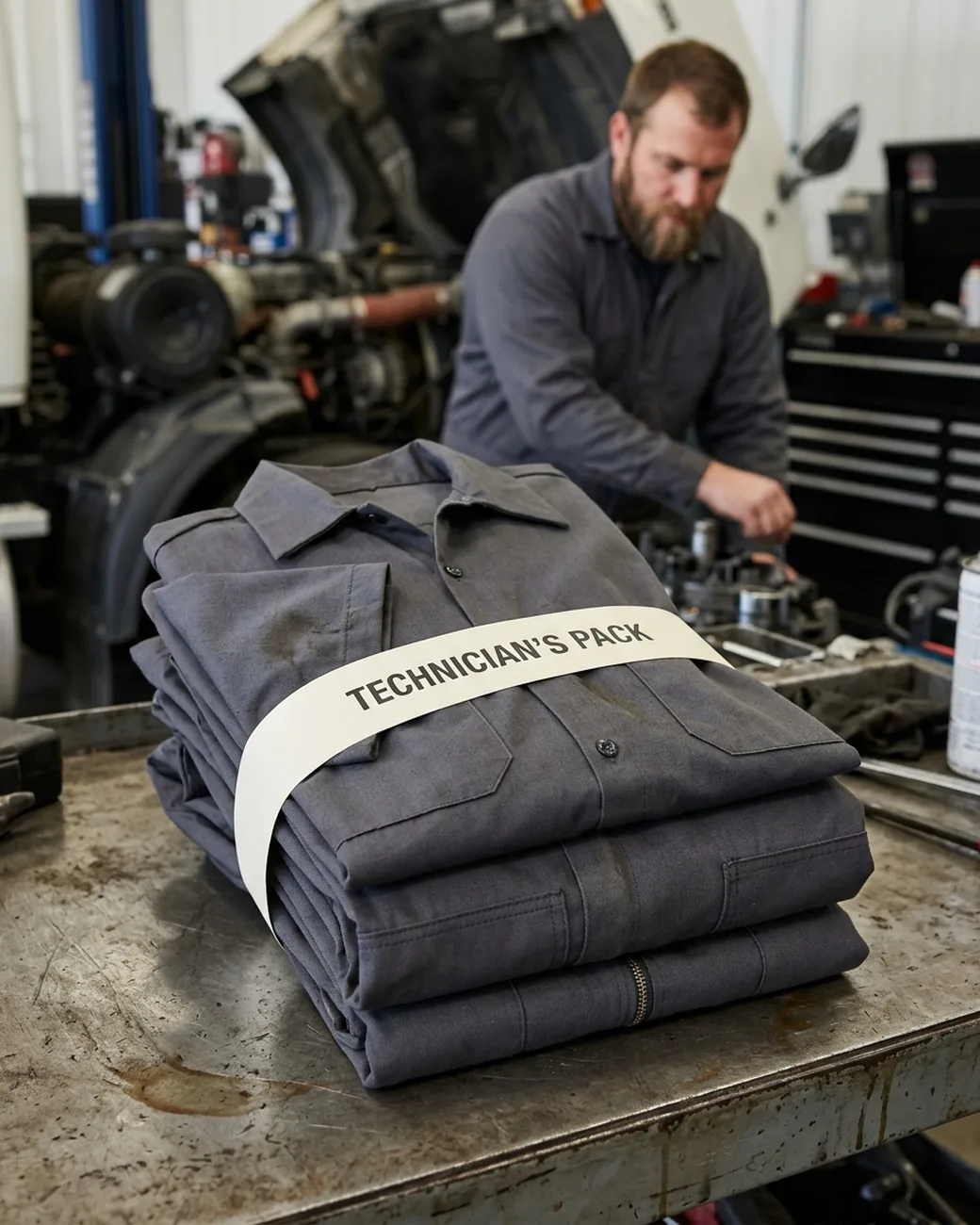 One technician's pack: a work shirt, work pants, a coverall and a jacket in the same charcoal, folded together with a plain label