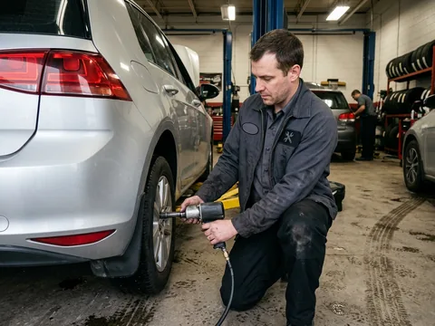 Technician changing a wheel in a quick-lube and tyre bay