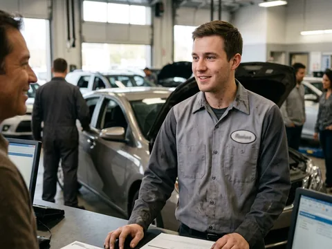 Technician in a two-tone work shirt at a dealership service reception with a customer car