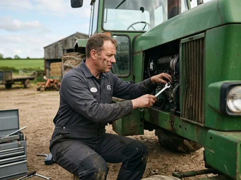 Field mechanic working on a tractor in a farm yard in bib overalls and a work shirt