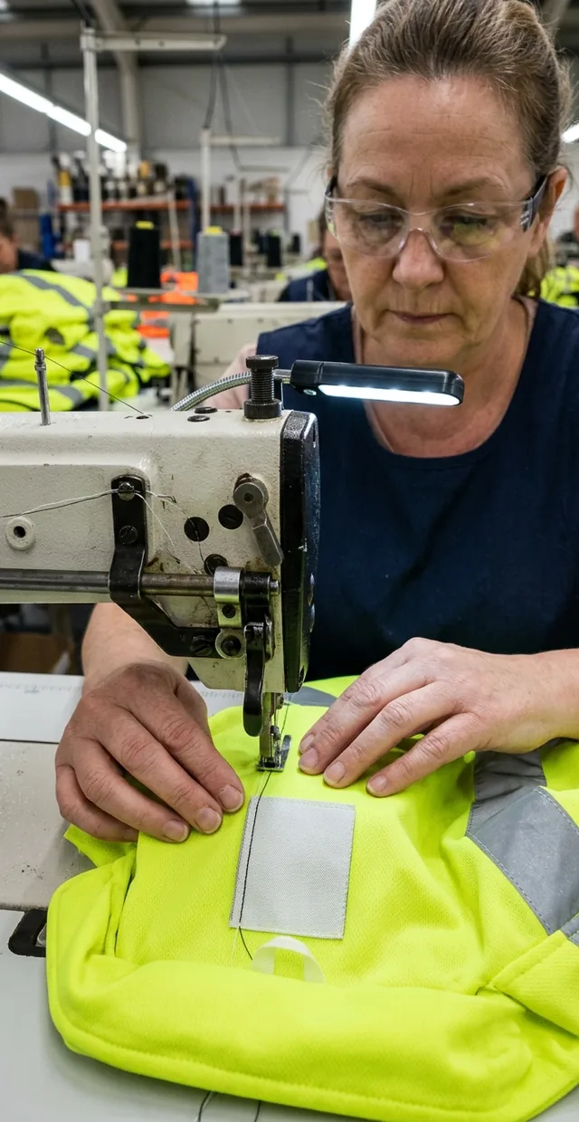 Machinist sewing a blank woven neck label into the back collar of a hi-vis jacket