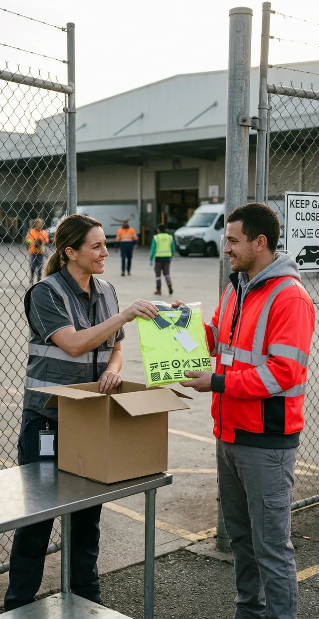 Site supervisor opening a plain carton and handing out polos in printed polybags with hang tags