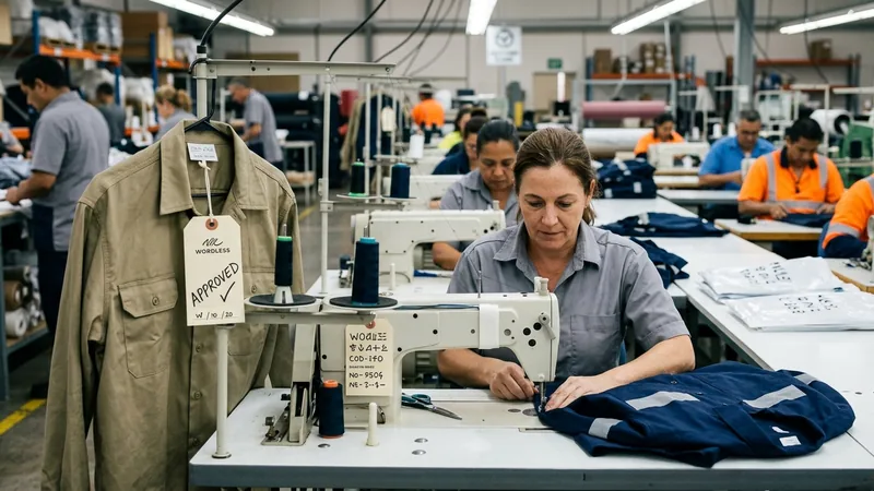 Machinist sewing a work shirt next to a signed approved sample