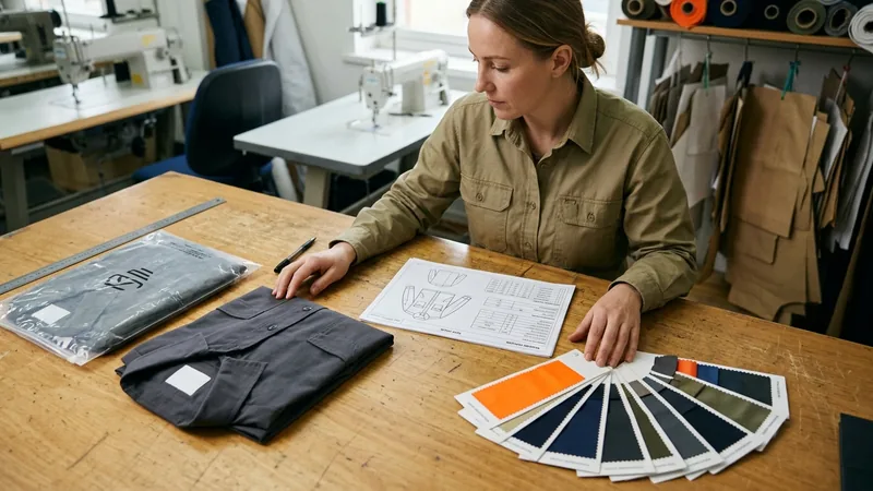Tech pack, Pantone swatches and a reference work shirt on a desk