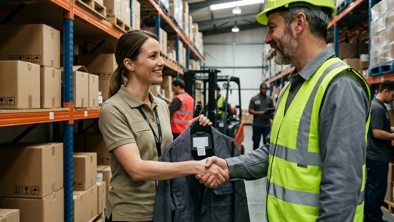 Uniform distributor's sales rep showing a sample jacket to a client manager on site
