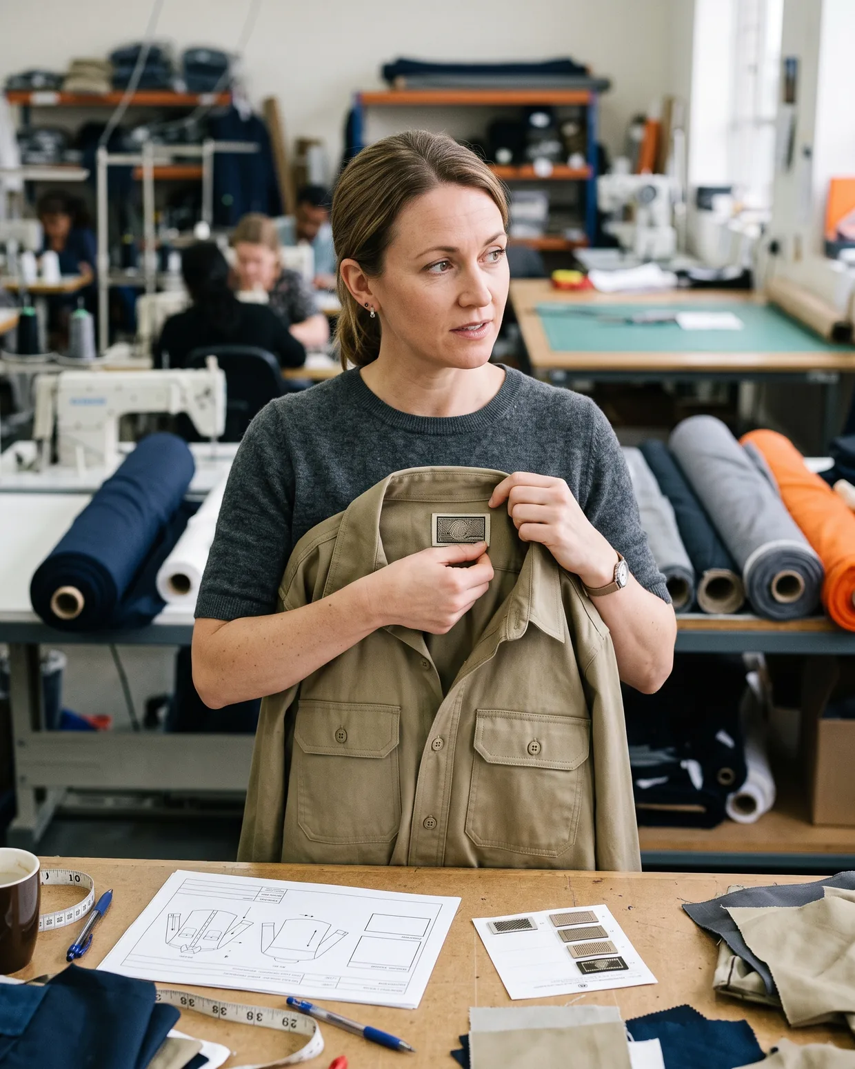 Brand buyer checking a label strike-off against the back collar of a sample