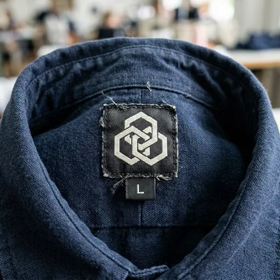 Close-up of a woven neck label and size label inside a shirt collar