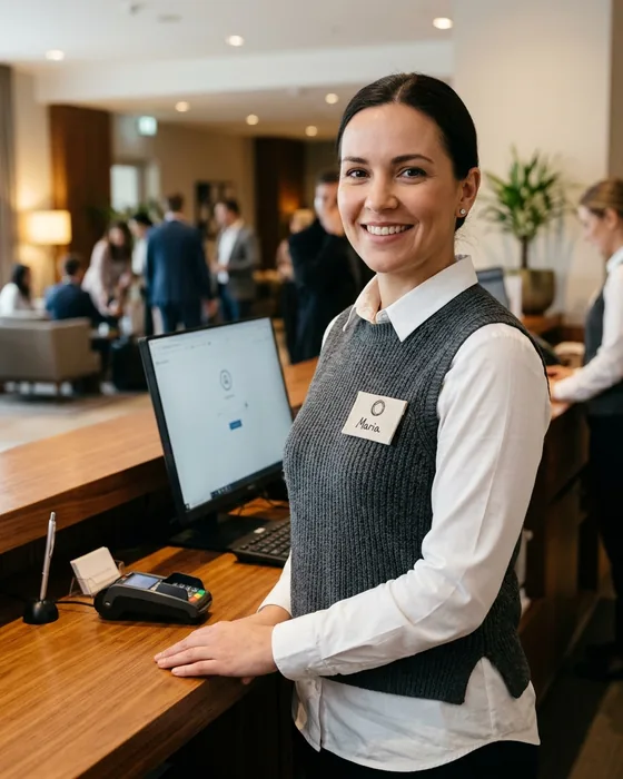 Hotel receptionist in a shirt and knit vest