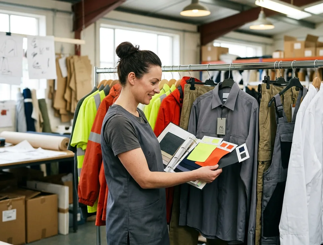 Designer comparing fabric swatches against base styles on a rail