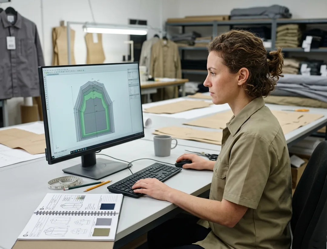 Pattern technician grading a style in CAD next to a client tech pack