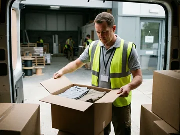 Client manager opening a plain carton at a site entrance