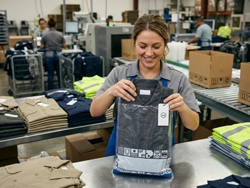 Packer sliding a folded work shirt into a printed polybag