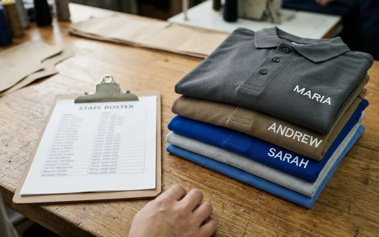 Clipboard with an employee list beside folded named uniforms