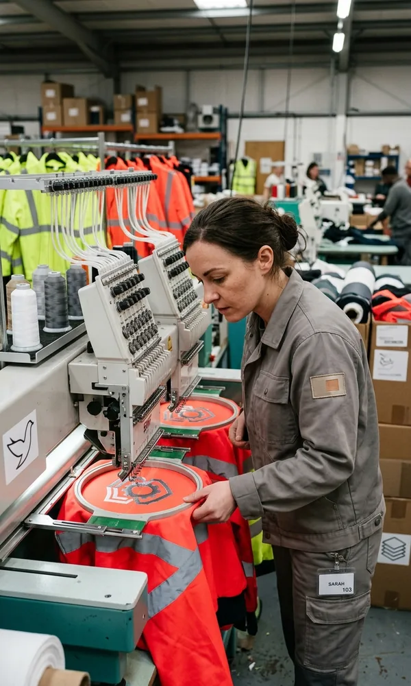 Embroidery machine stitching a logo onto a hi-vis jacket, operator watching