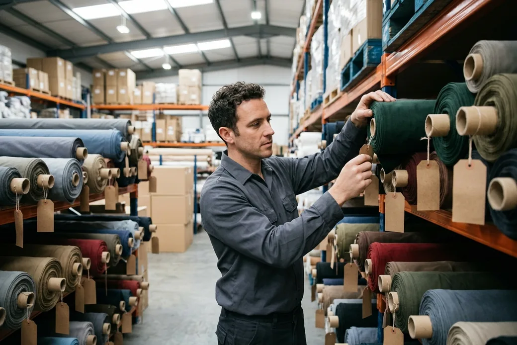 Storekeeper checking fabric rolls on reserve racks