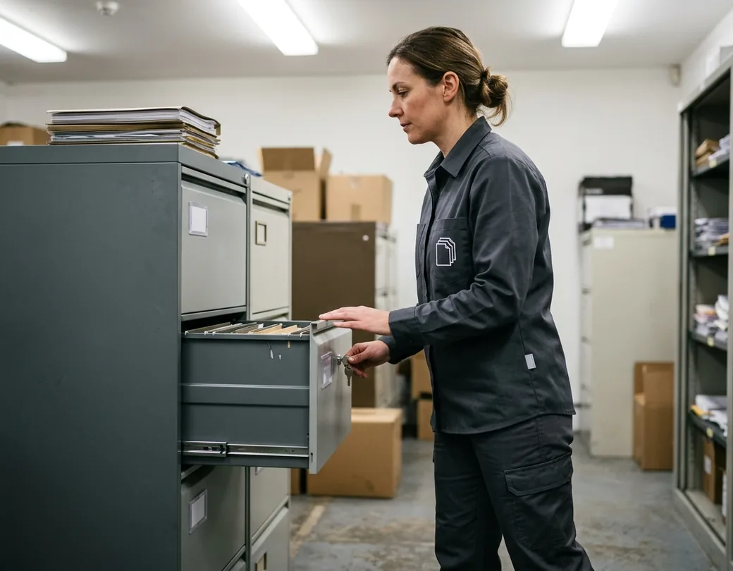 Records clerk closing a locked filing cabinet drawer