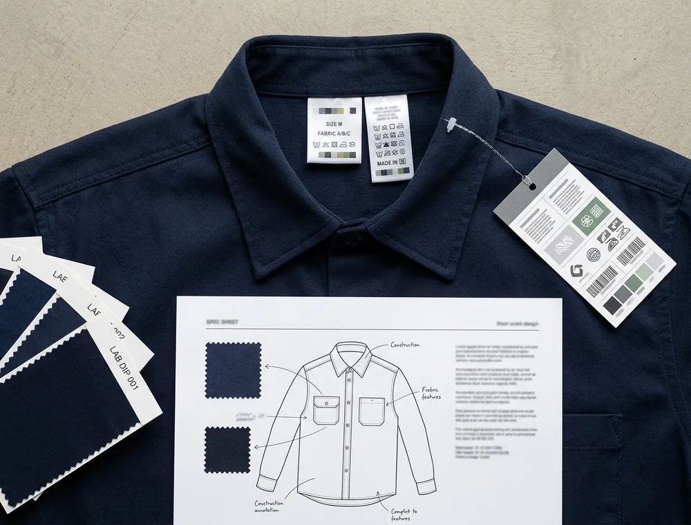 Approval pack: sample shirt with label strike-offs, hang tag proof, spec sheet and lab dips