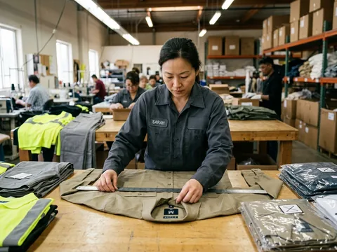 QC inspector checking a size label against a garment