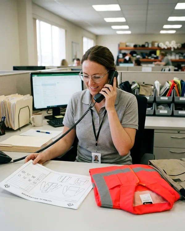 Account manager on a call with a printed spec sheet