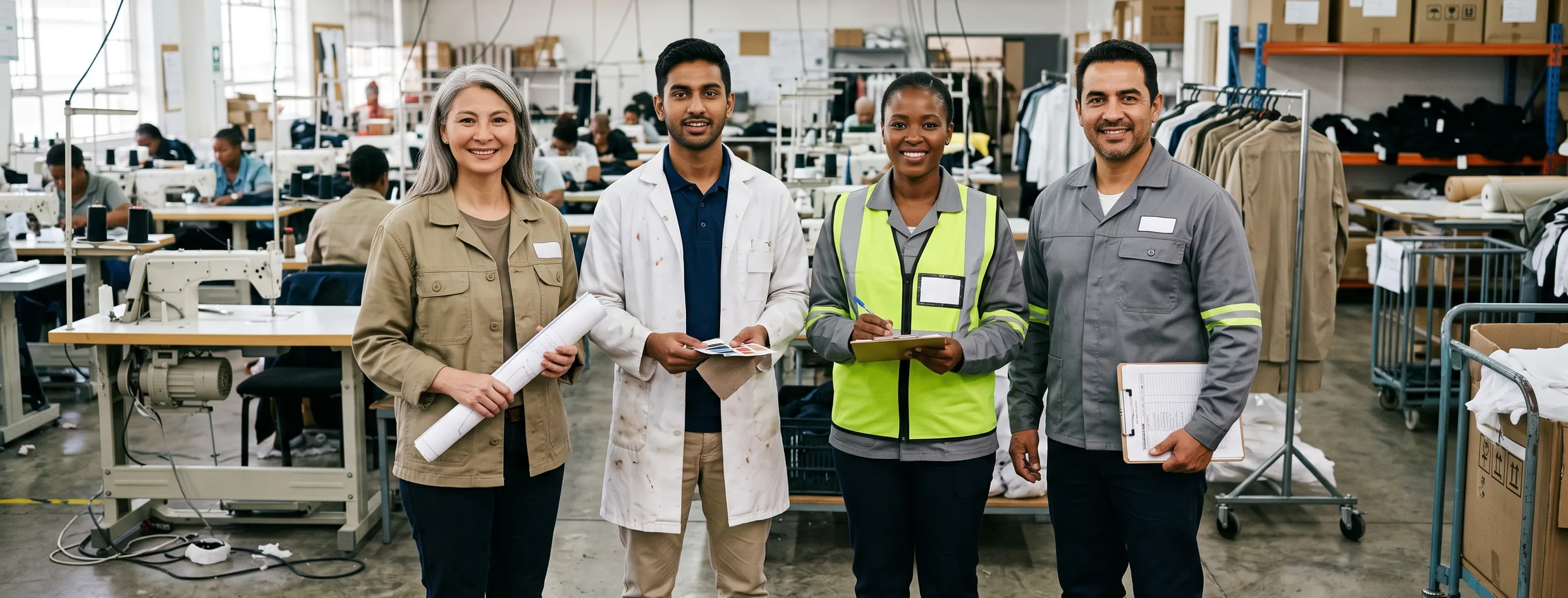 Pattern room lead, colour lab technician, line QC lead and QC manager on the factory floor