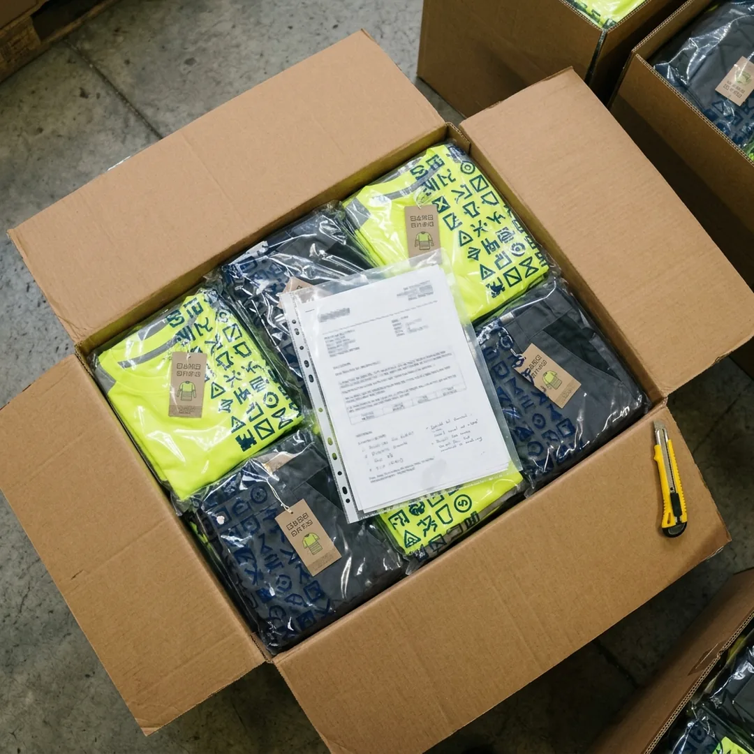 Opened carton with work garments in printed polybags and a document pouch
