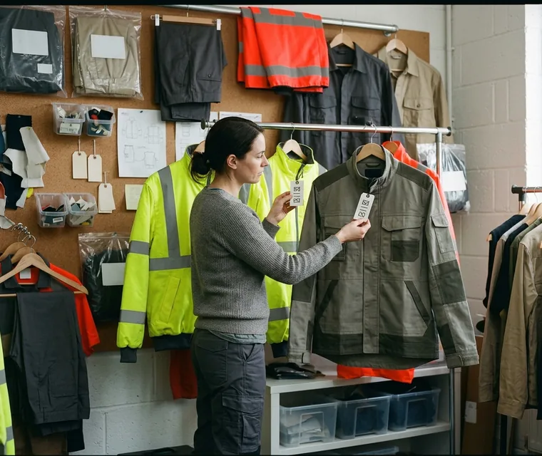 Brand designer comparing hang tags at a sample wall