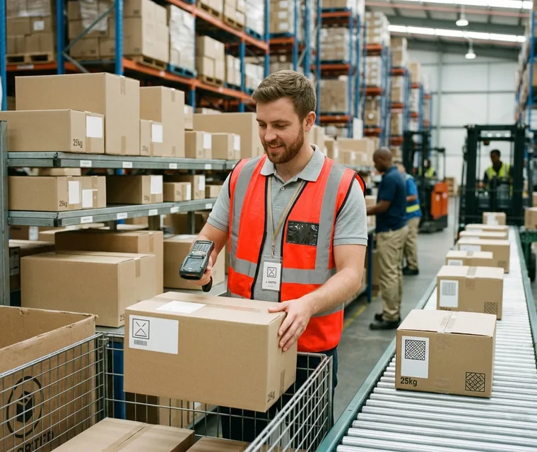 Distributor's warehouse staff sorting cartons by customer code