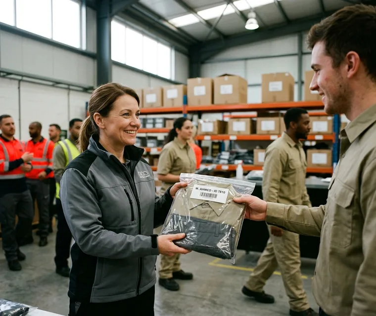 Program supervisor handing out named uniform packs at a client site