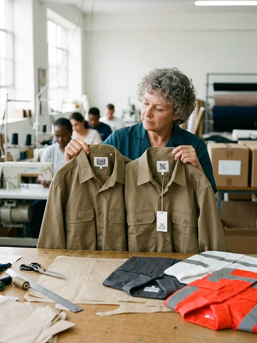 Brand owner comparing a sample with current stock at the back collar