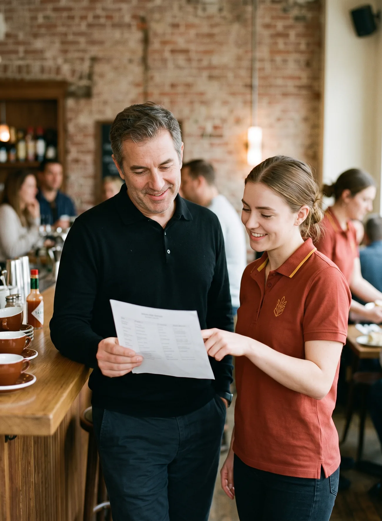 Restaurant manager and a server in a brick-red shirt reading a role list together at the end of the bar during brunch