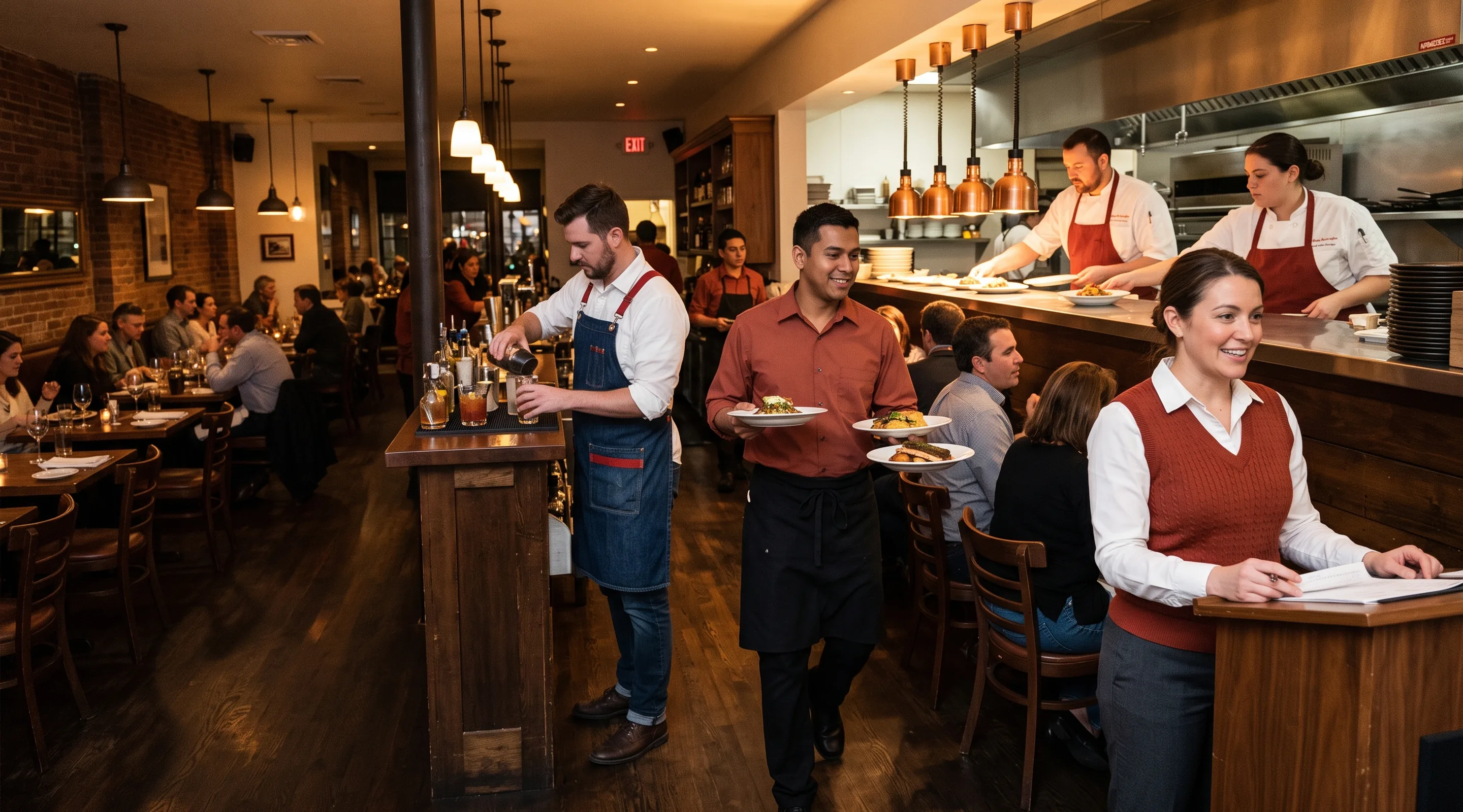 Restaurant dining room looking into an open kitchen: a host at the stand, a server in a brick-red shirt carrying plates, a bartender in a denim bib apron and cooks in white chef coats at the pass